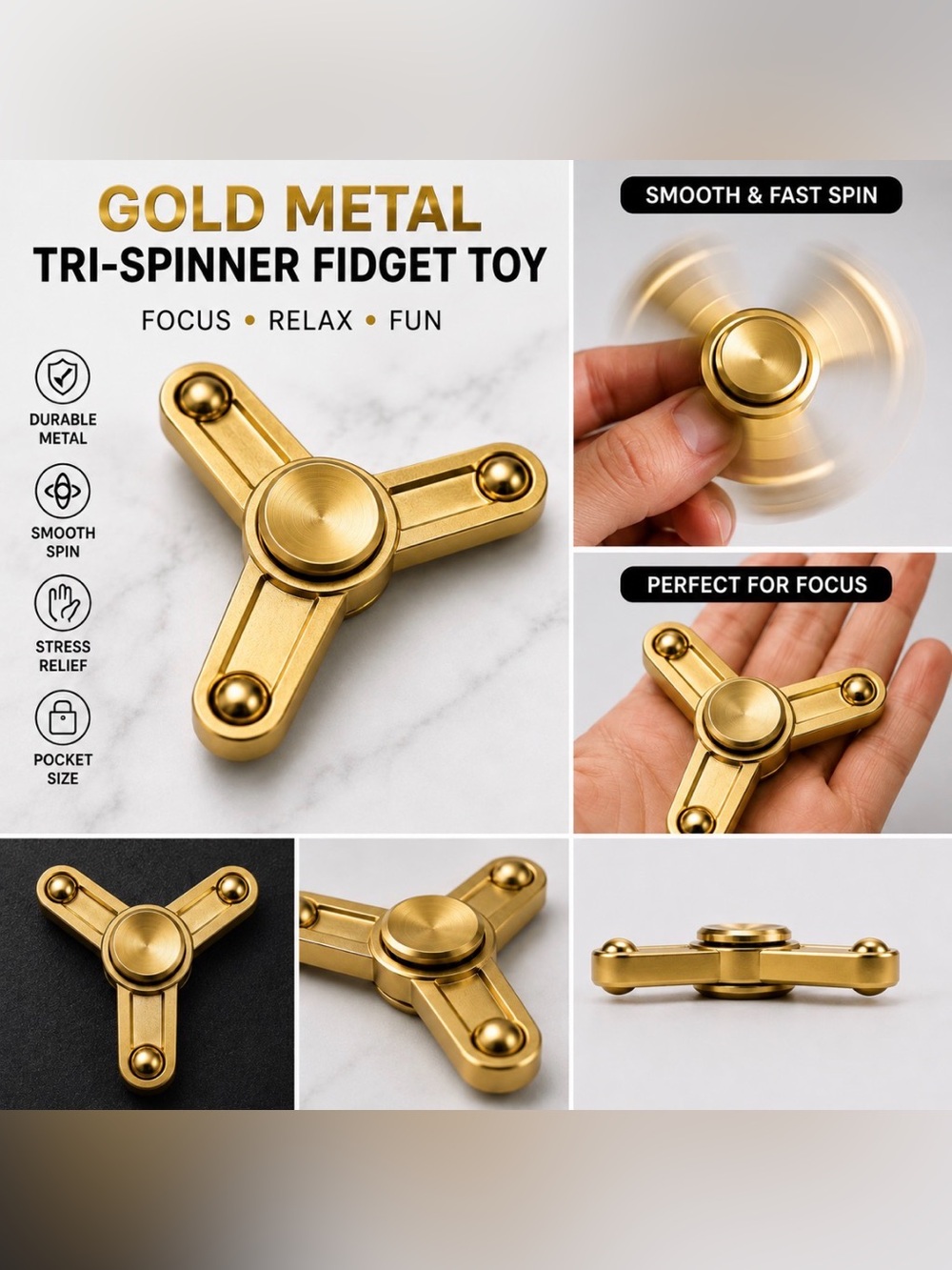 Gold Metal Tri-Spinner Fidget Toy Hand Spinner